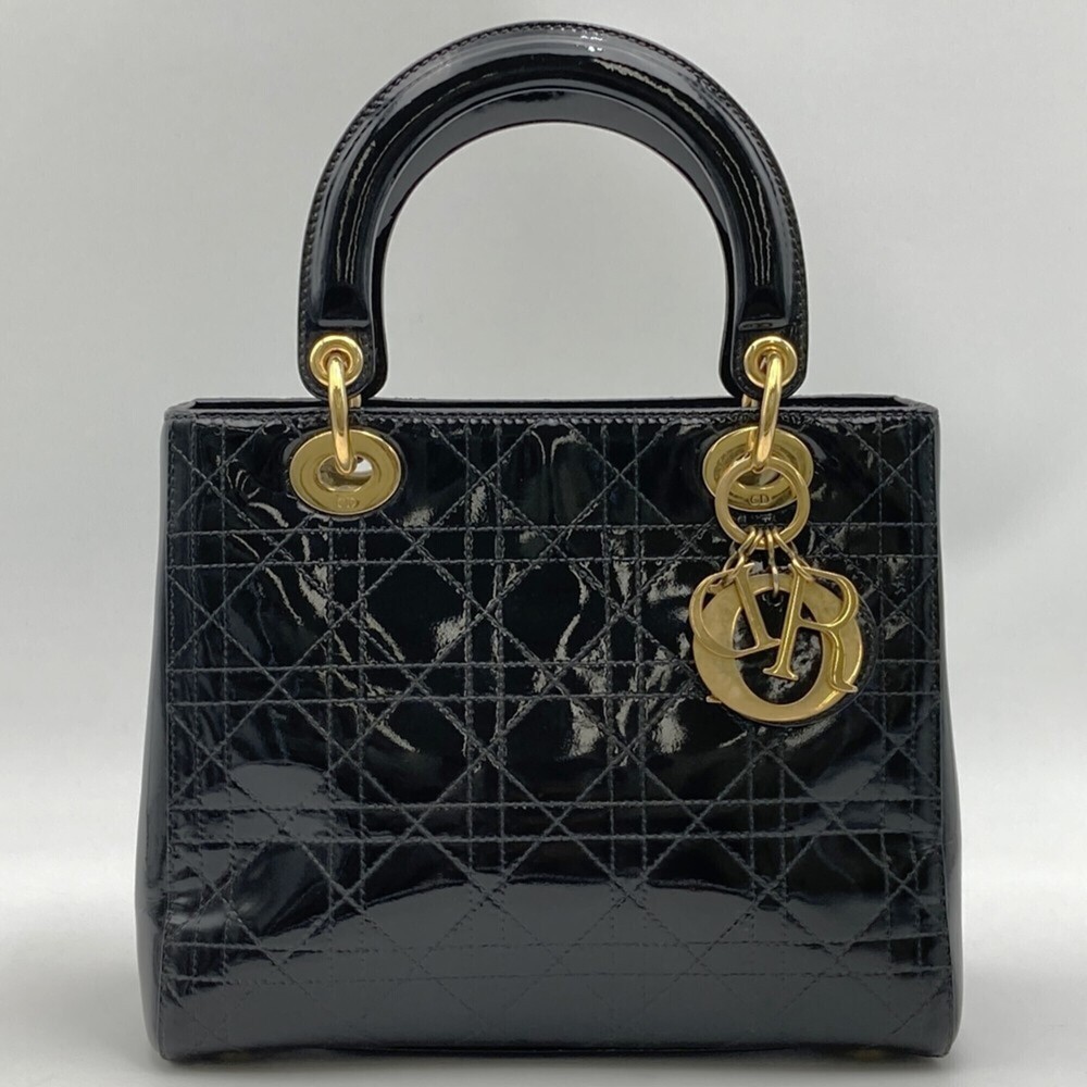 Christian Dior Lady handbag, enamel patent leather, black women's.